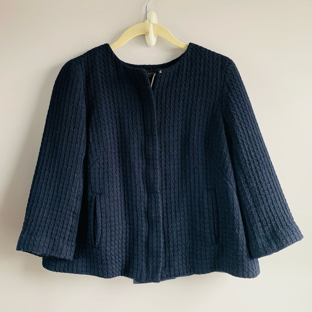 Talbots Jacket Navy Cotton Swing Coat Classic Retro Textured Zip Front Petite 2